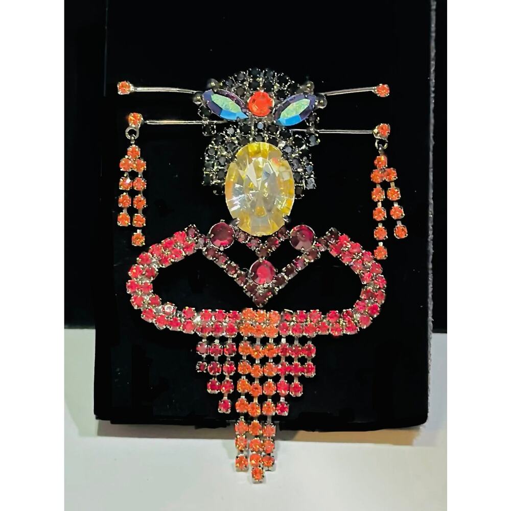 Vintage Unsigned Figural Rhinestone Lady Brooch Red Black Dramatic Statement Pin
